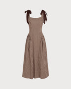 Check Pinafore Midi Dress with Tie Shoulder Straps - Brown