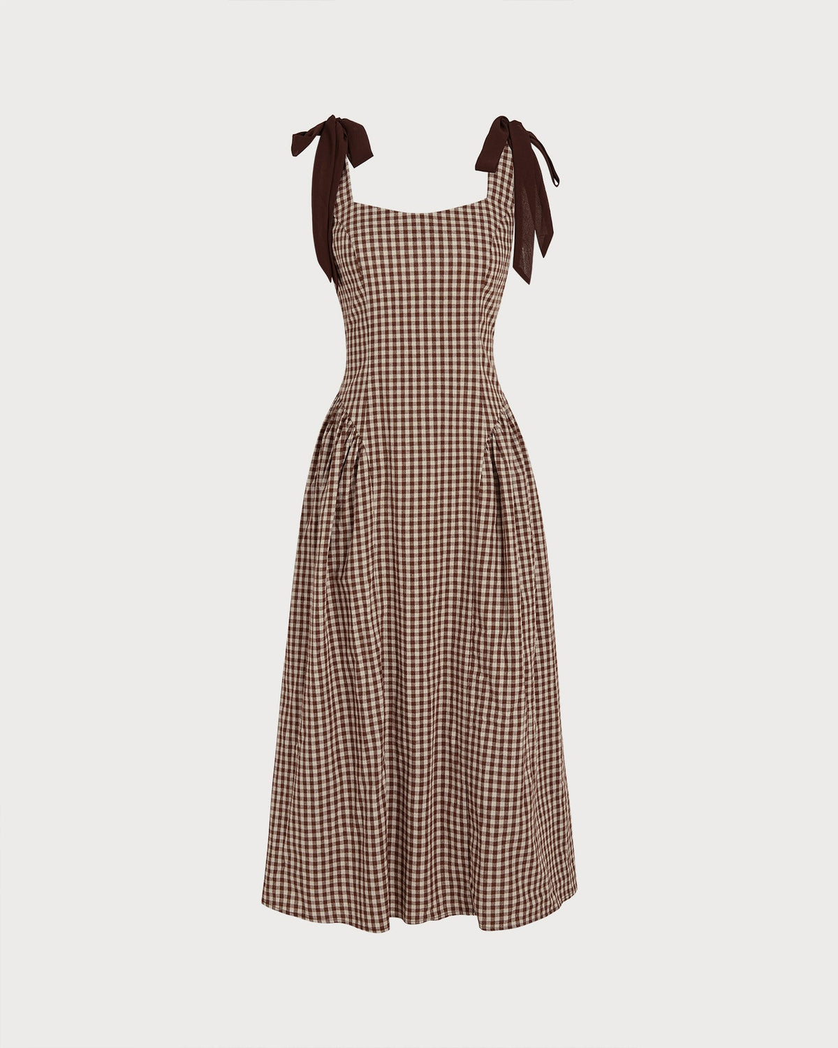 Check Pinafore Midi Dress with Tie Shoulder Straps - Brown