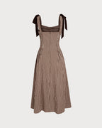 Check Pinafore Midi Dress with Tie Shoulder Straps - Brown