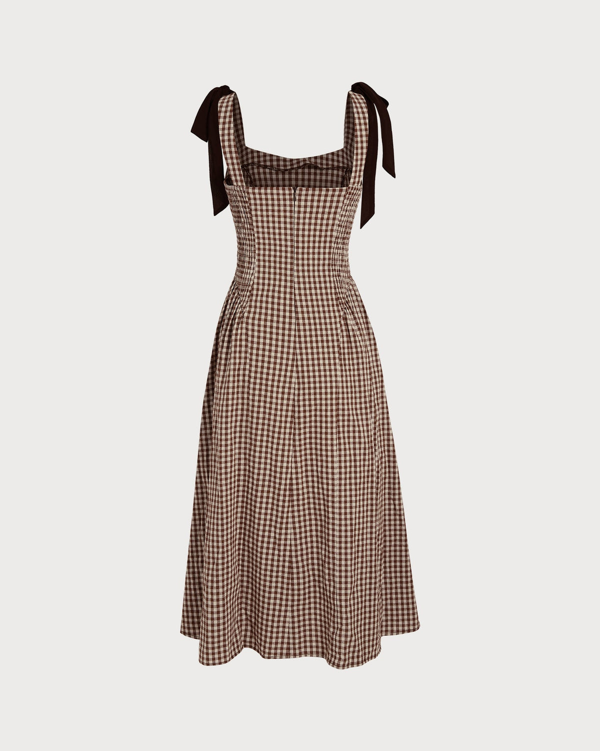Check Pinafore Midi Dress with Tie Shoulder Straps - Brown