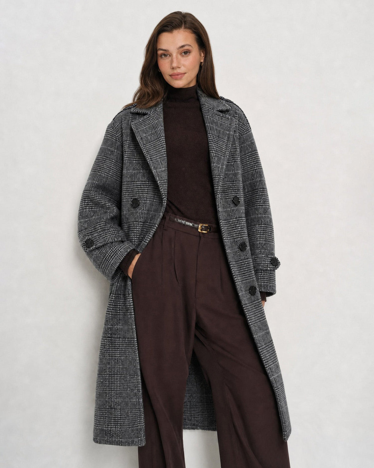 Check Trench Coat with Notch Lapel and Double Breasted Front - Grey