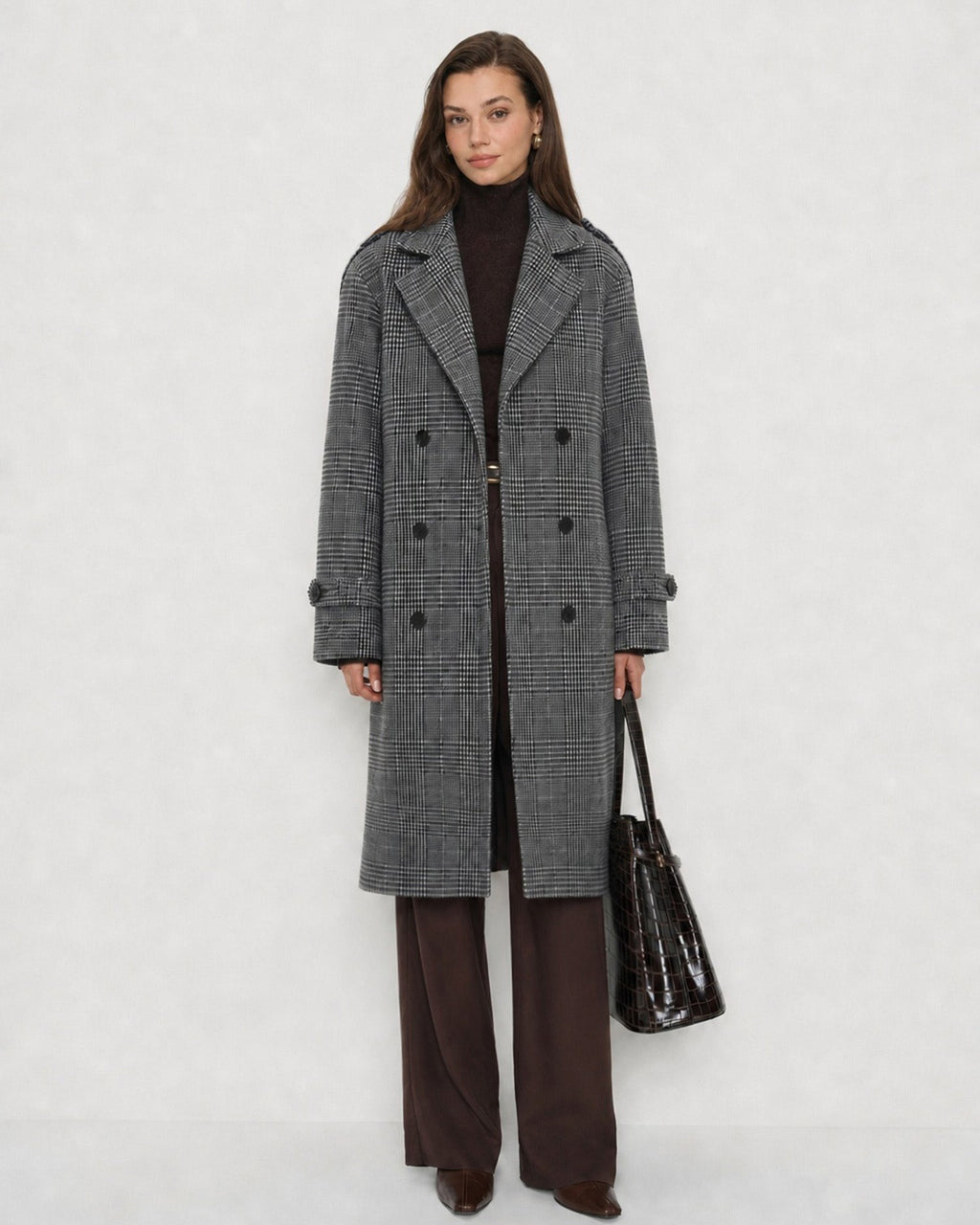 Check Trench Coat with Notch Lapel and Double Breasted Front - Grey