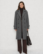 Check Trench Coat with Notch Lapel and Double Breasted Front - Grey