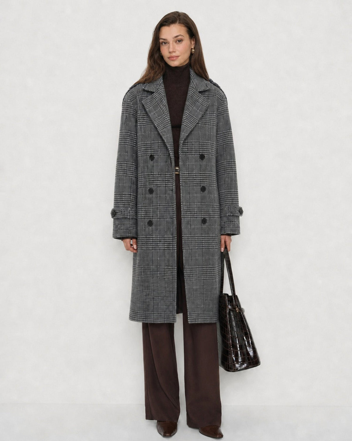 Check Trench Coat with Notch Lapel and Double Breasted Front - Grey