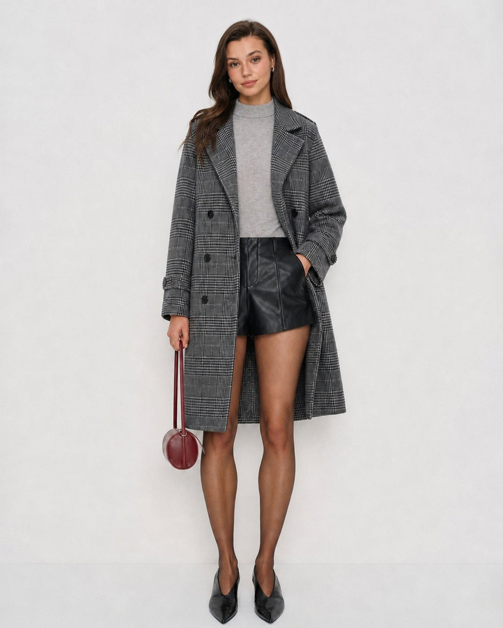 Check Trench Coat with Notch Lapel and Double Breasted Front - Grey