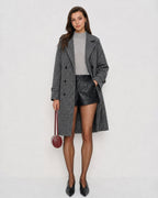 Check Trench Coat with Notch Lapel and Double Breasted Front - Grey