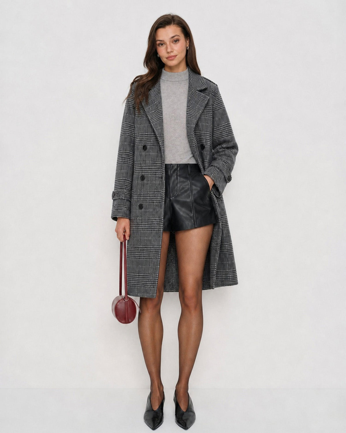 Check Trench Coat with Notch Lapel and Double Breasted Front - Grey