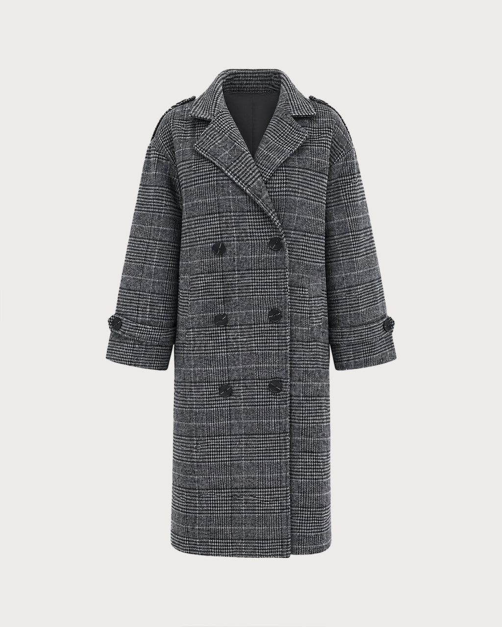 Check Trench Coat with Notch Lapel and Double Breasted Front - Grey