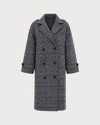 Check Trench Coat with Notch Lapel and Double Breasted Front - Grey
