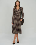 Check Wrap Midi Dress with V Neck and Buttoned Front - Brown