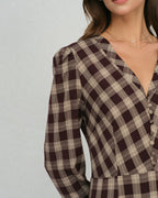Check Wrap Midi Dress with V Neck and Buttoned Front - Brown