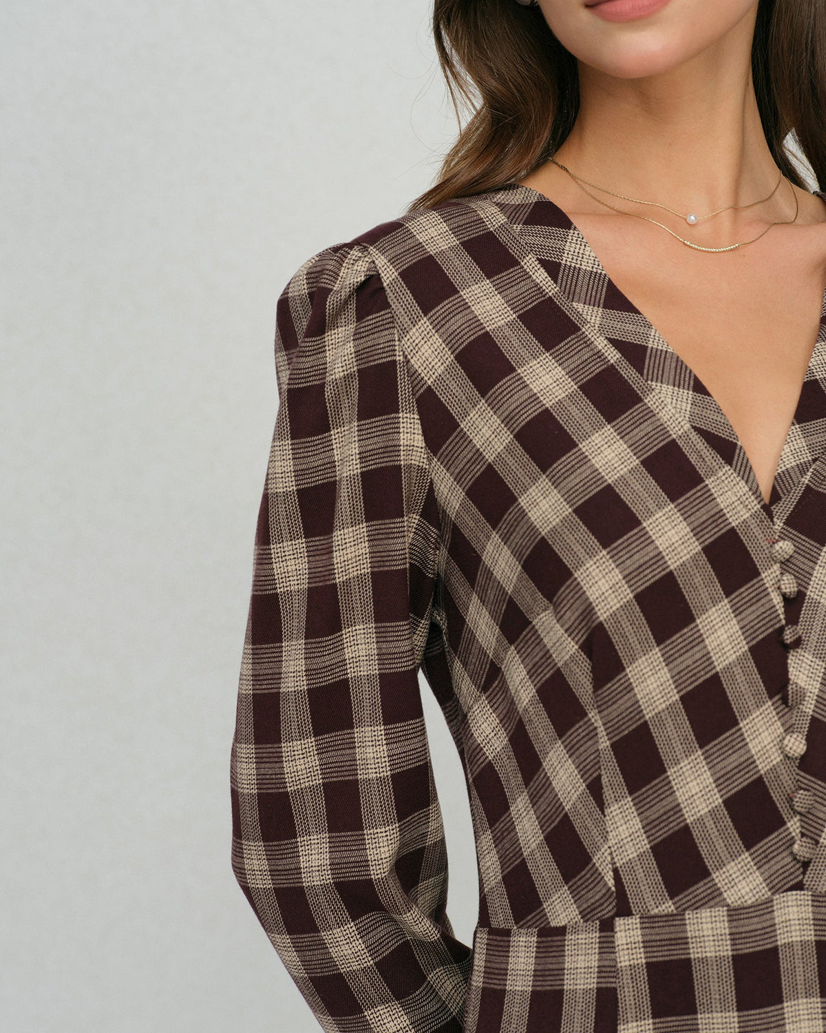 Check Wrap Midi Dress with V Neck and Buttoned Front - Brown
