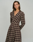 Check Wrap Midi Dress with V Neck and Buttoned Front - Brown