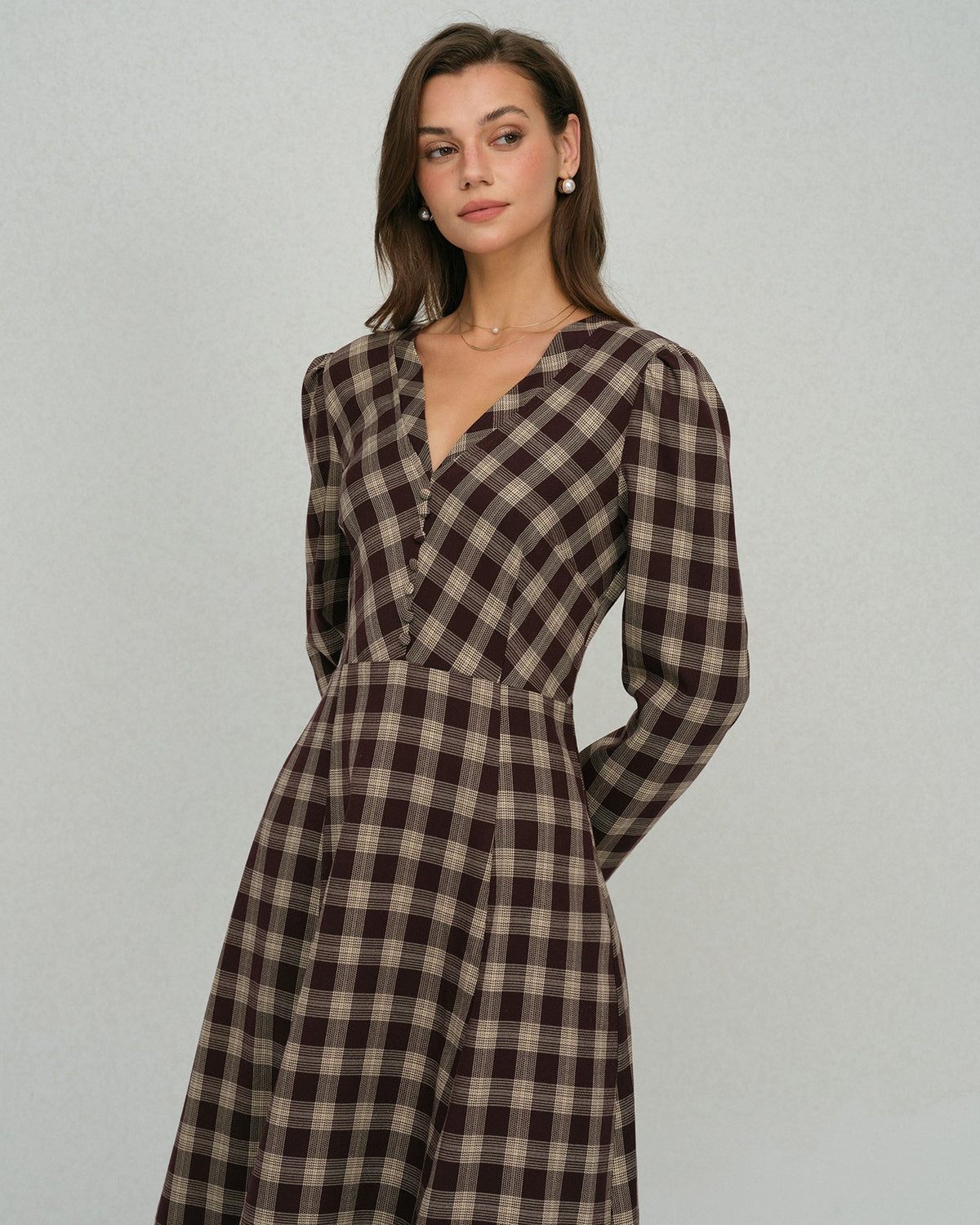 Check Wrap Midi Dress with V Neck and Buttoned Front - Brown