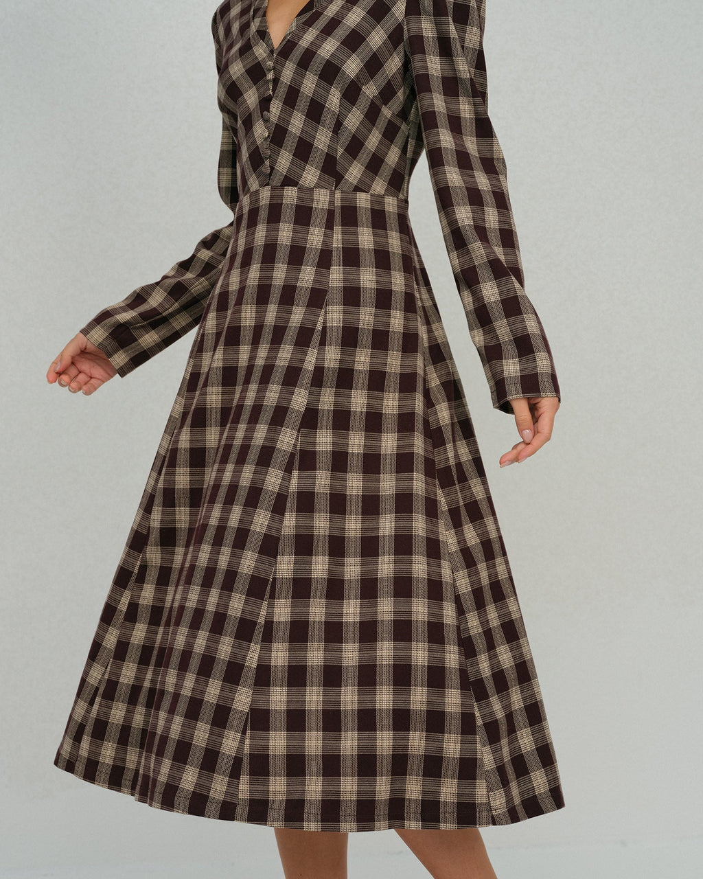 Check Wrap Midi Dress with V Neck and Buttoned Front - Brown