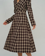 Check Wrap Midi Dress with V Neck and Buttoned Front - Brown