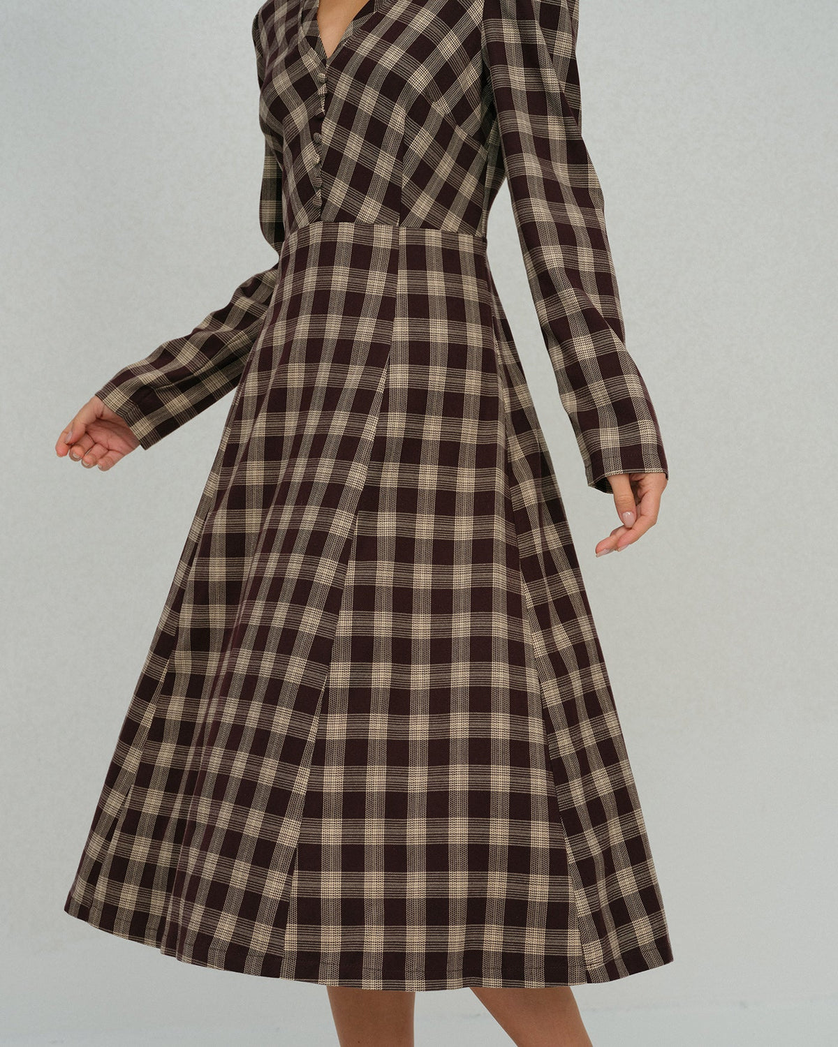 Check Wrap Midi Dress with V Neck and Buttoned Front - Brown