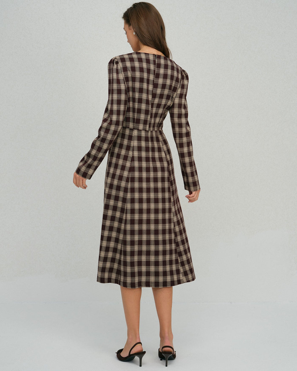 Check Wrap Midi Dress with V Neck and Buttoned Front - Brown
