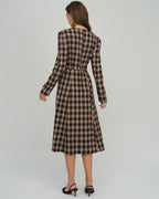 Check Wrap Midi Dress with V Neck and Buttoned Front - Brown