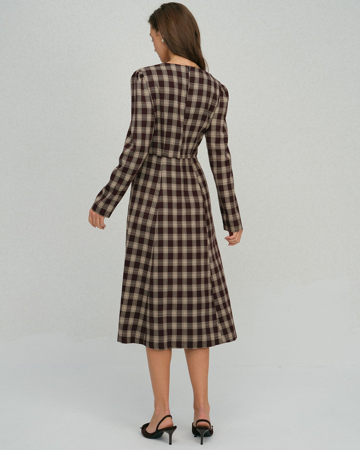 Check Wrap Midi Dress with V Neck and Buttoned Front - Brown