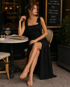 Chiffon Maxi Dress with Square Neck and Tie Shoulder Straps - Black