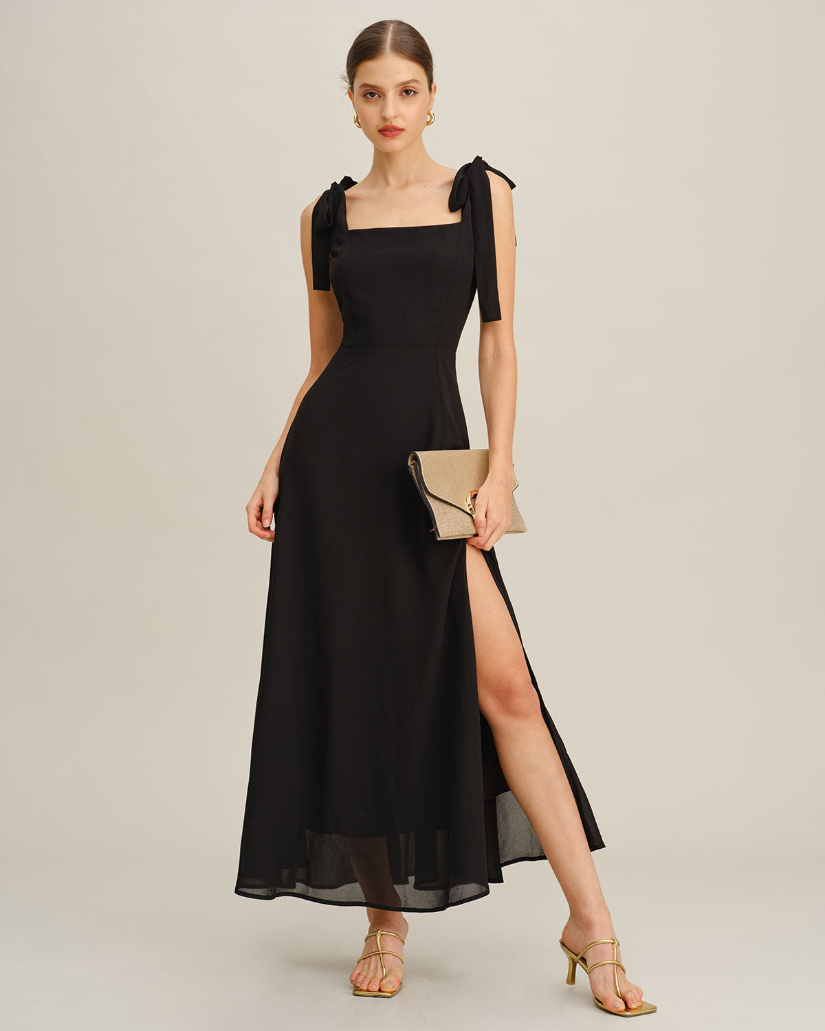 Chiffon Maxi Dress with Square Neck and Tie Shoulder Straps - Black
