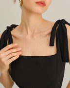 Chiffon Maxi Dress with Square Neck and Tie Shoulder Straps - Black