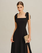 Chiffon Maxi Dress with Square Neck and Tie Shoulder Straps - Black