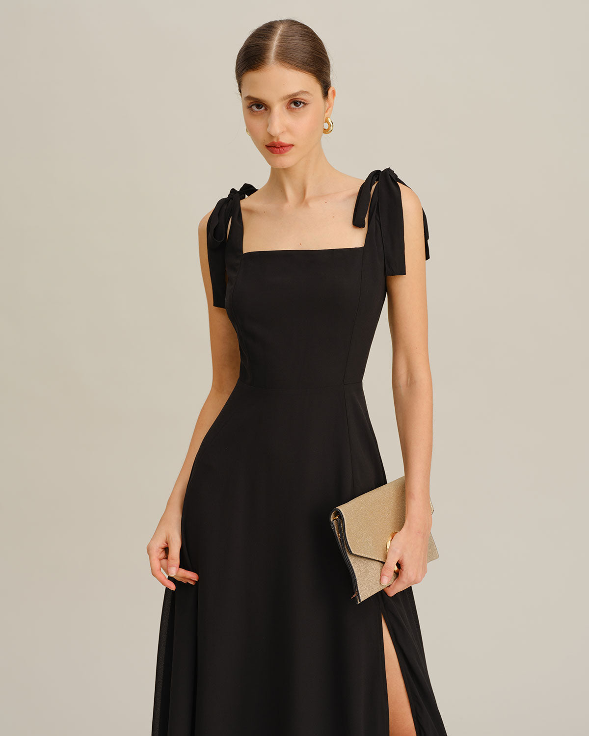 Chiffon Maxi Dress with Square Neck and Tie Shoulder Straps - Black