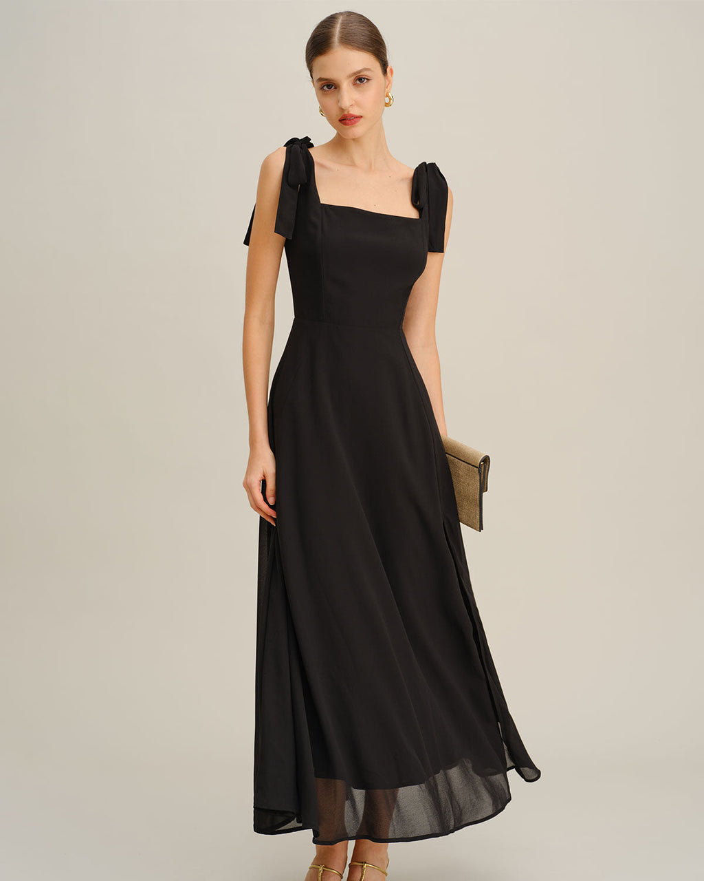 Chiffon Maxi Dress with Square Neck and Tie Shoulder Straps - Black