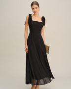 Chiffon Maxi Dress with Square Neck and Tie Shoulder Straps - Black
