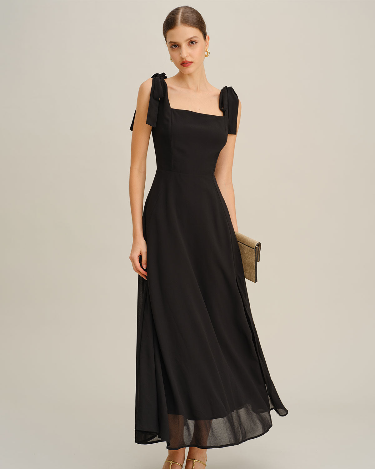 Chiffon Maxi Dress with Square Neck and Tie Shoulder Straps - Black