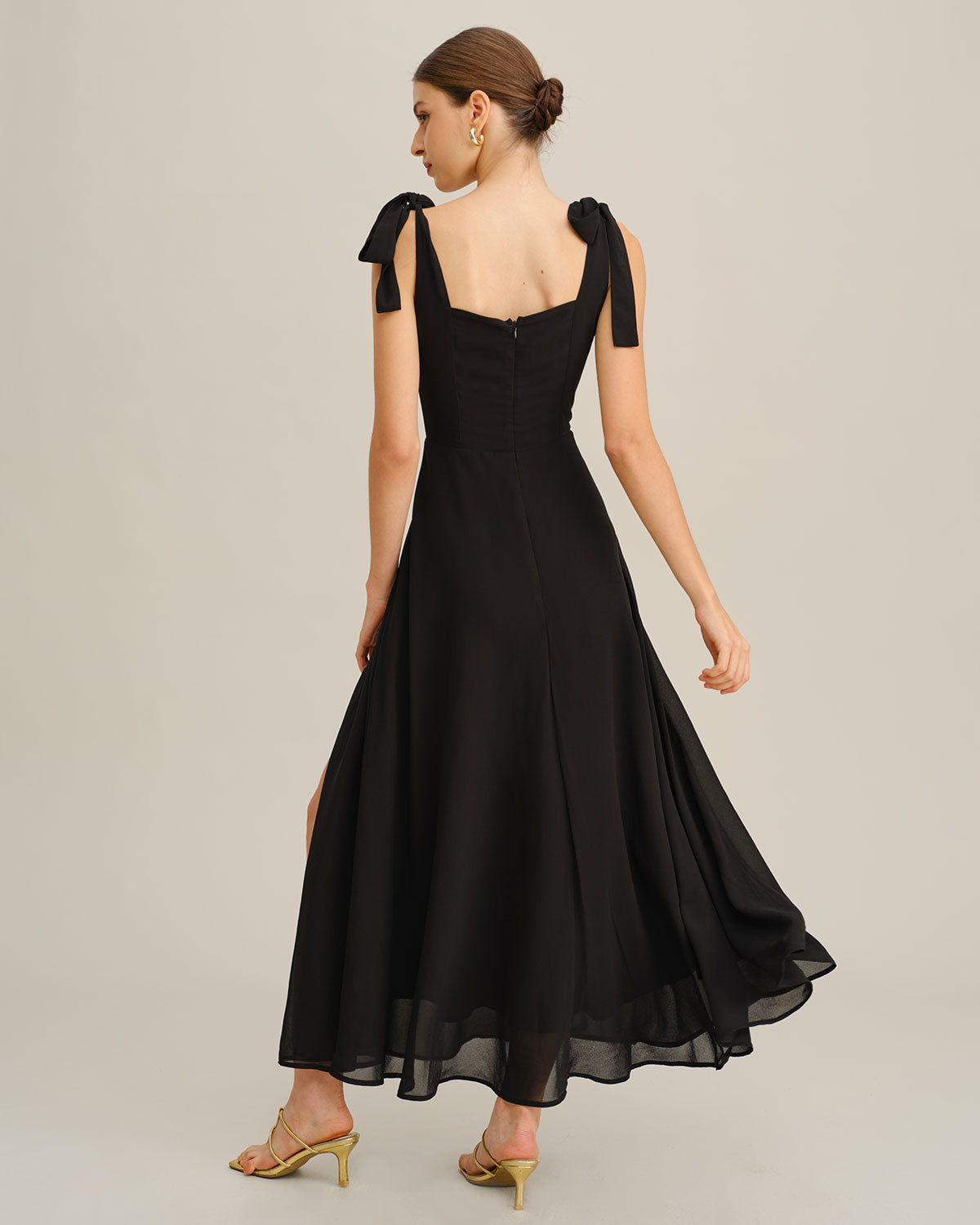 Chiffon Maxi Dress with Square Neck and Tie Shoulder Straps - Black