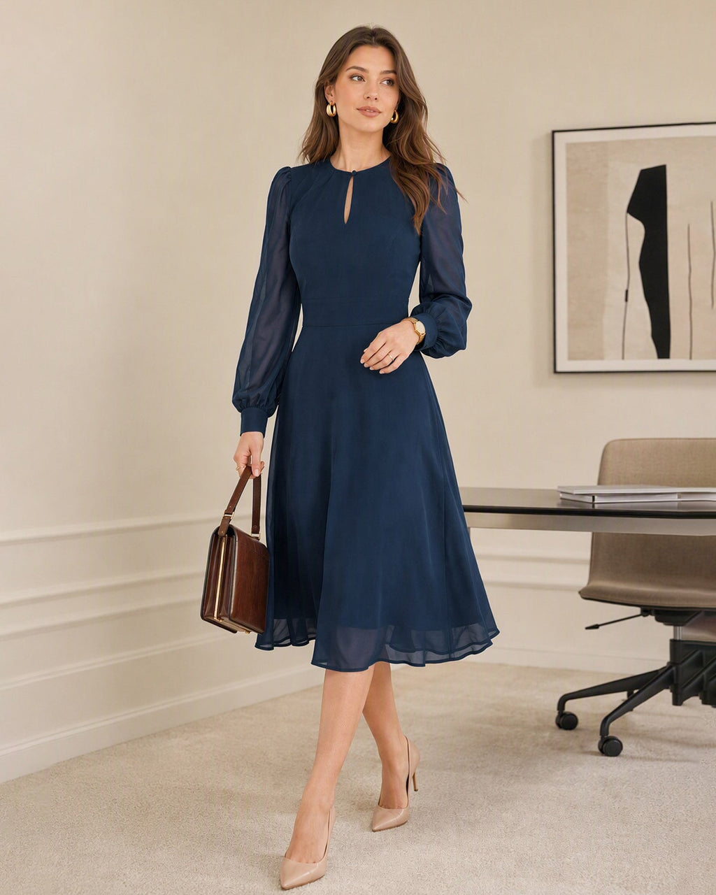 Chiffon Midi Dress with Keyhole Neck and Full Sleeves - Blue