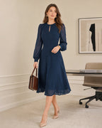 Chiffon Midi Dress with Keyhole Neck and Full Sleeves - Blue