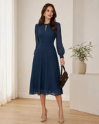 Chiffon Midi Dress with Keyhole Neck and Full Sleeves - Blue