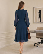 Chiffon Midi Dress with Keyhole Neck and Full Sleeves - Blue