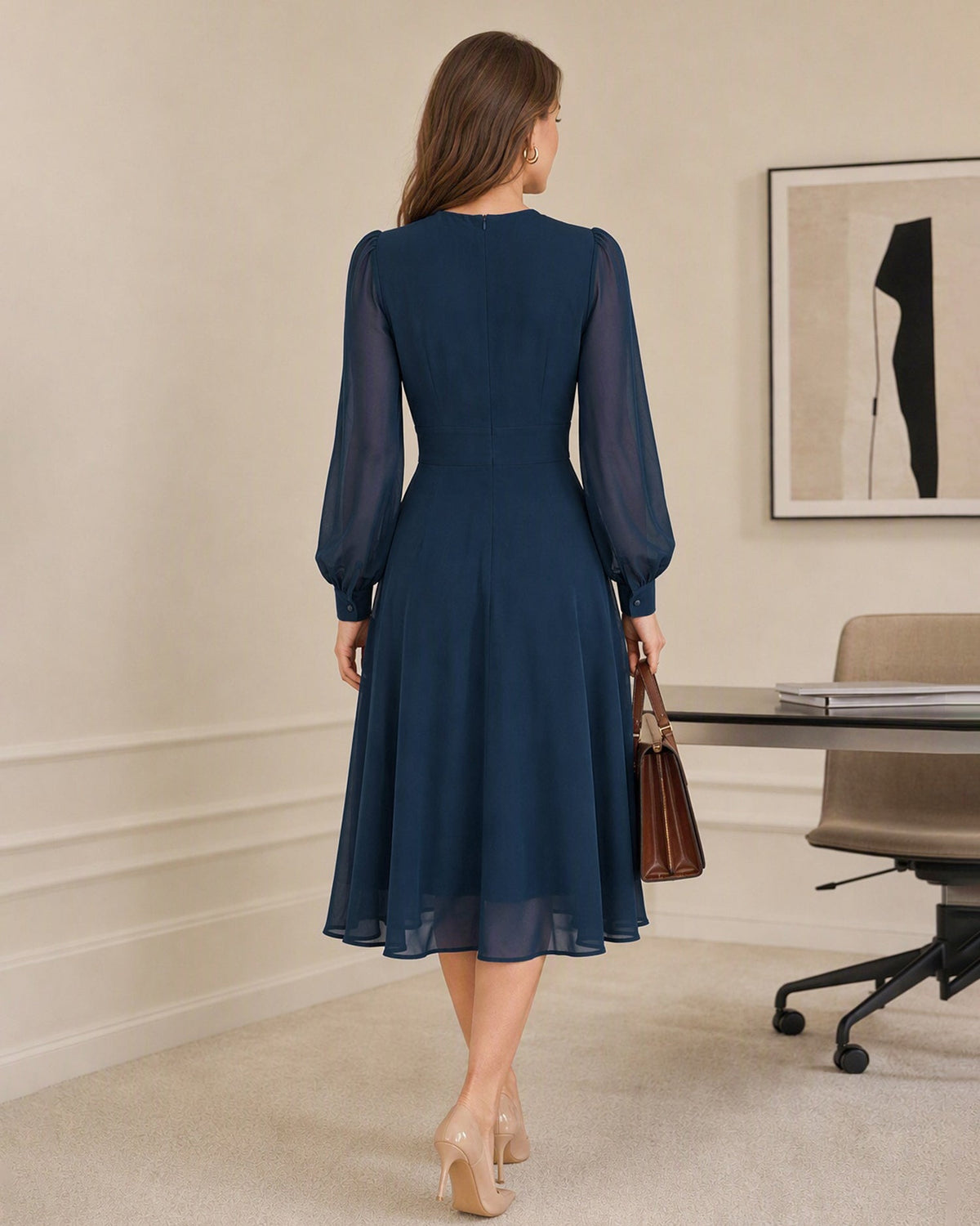 Chiffon Midi Dress with Keyhole Neck and Full Sleeves - Blue