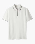 Chunky Knit Zip Polo with Long Sleeves and Zip Collar - White