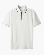 Chunky Knit Zip Polo with Long Sleeves and Zip Collar - White