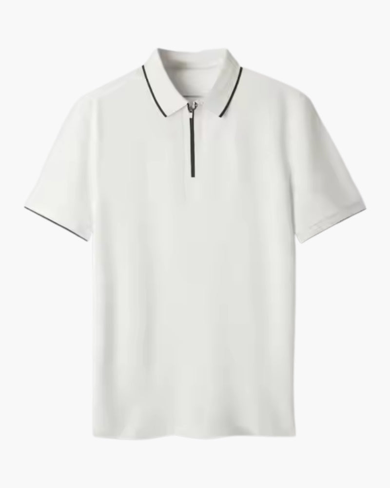 Chunky Knit Zip Polo with Long Sleeves and Zip Collar - White