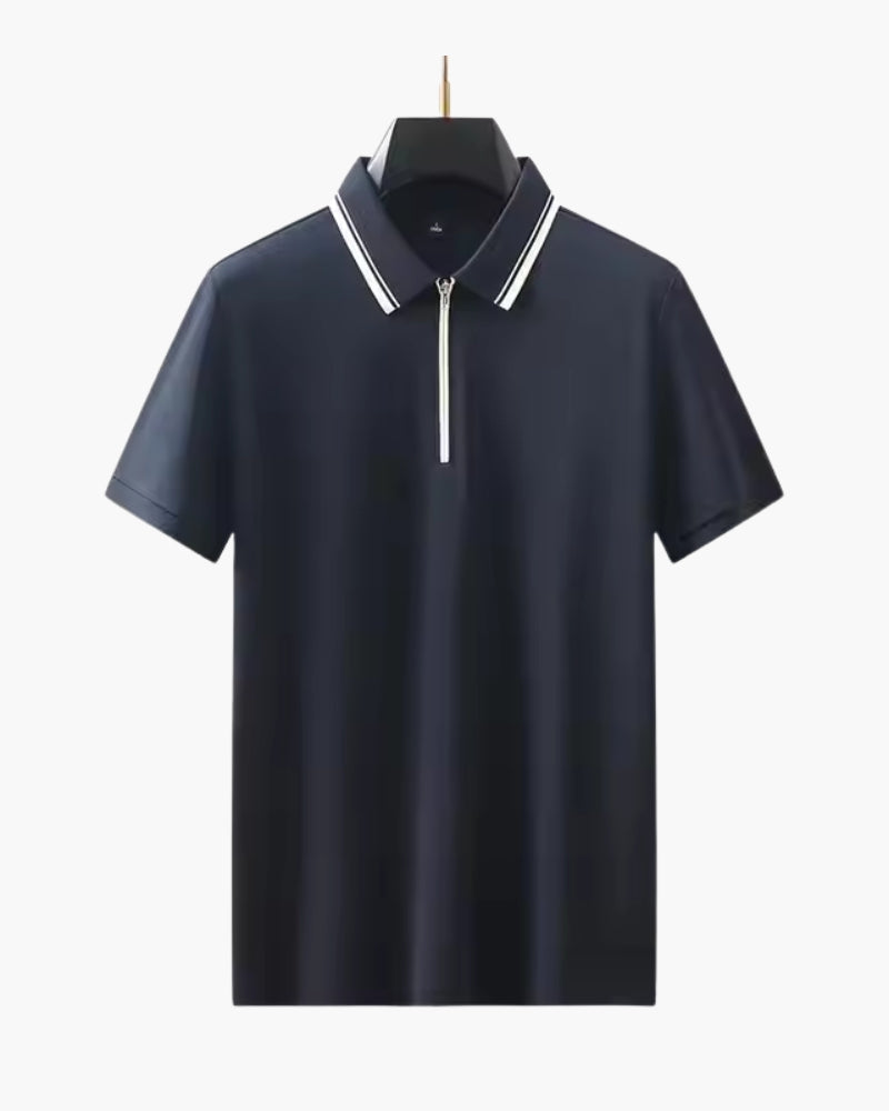 Chunky Knit Zip Polo with Long Sleeves and Zip Collar - Navy