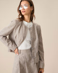 Collarless Jacket with Round Neck and Flap Pockets - Khaki