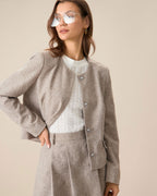 Collarless Jacket with Round Neck and Flap Pockets - Khaki