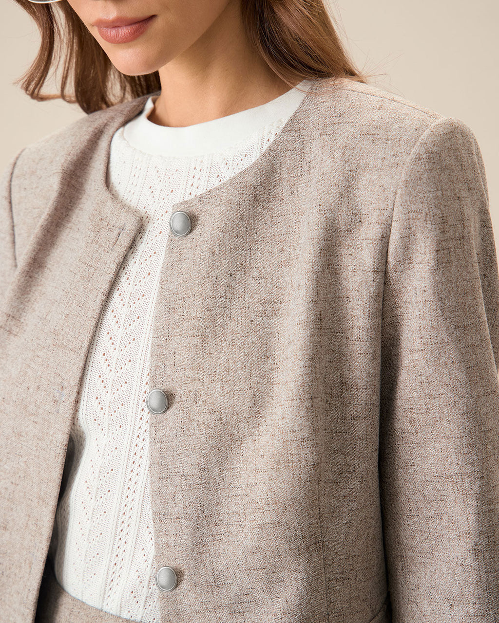 Collarless Jacket with Round Neck and Flap Pockets - Khaki