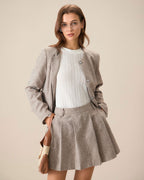 Collarless Jacket with Round Neck and Flap Pockets - Khaki