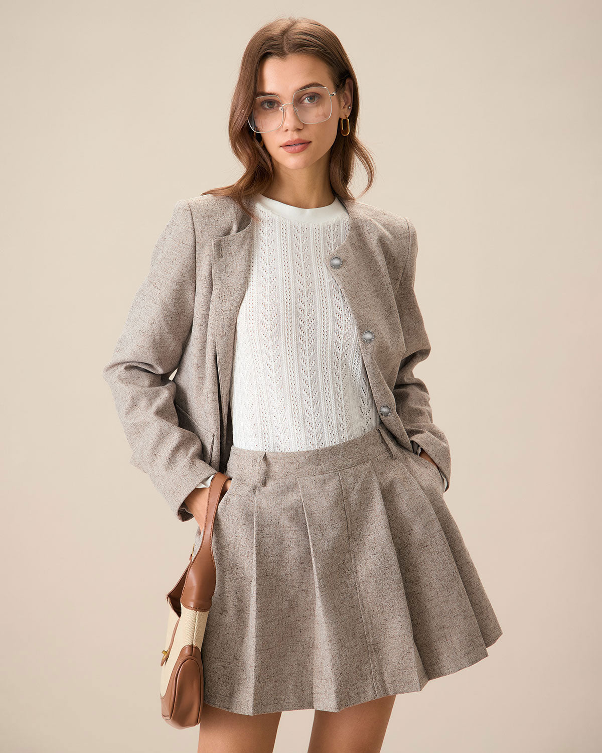 Collarless Jacket with Round Neck and Flap Pockets - Khaki