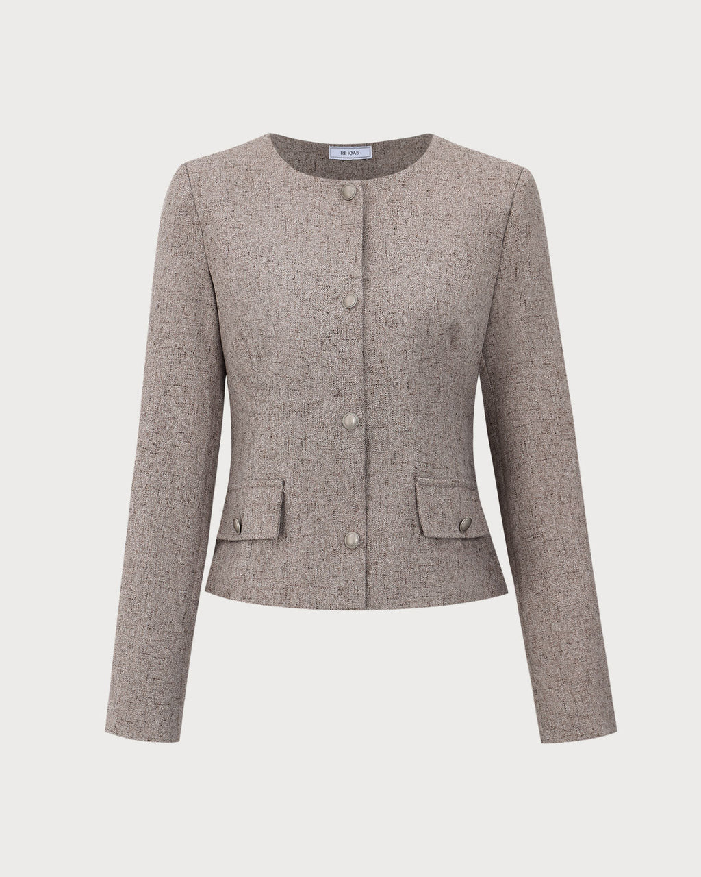 Collarless Jacket with Round Neck and Flap Pockets - Khaki