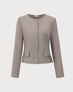 Collarless Jacket with Round Neck and Flap Pockets - Khaki
