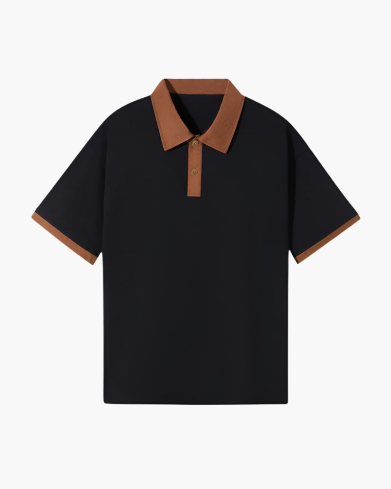 Contrast Collar Polo Shirt with Tipped Sleeves, Short Sleeve - Black